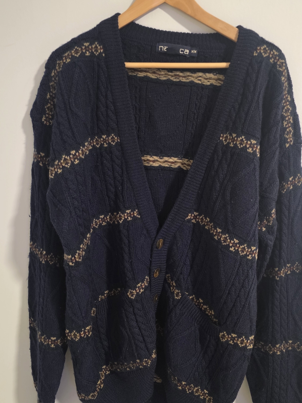 Vintage Nautica Cable Knit Cardigan Sweater Navy Wool M Oversized Grandpa